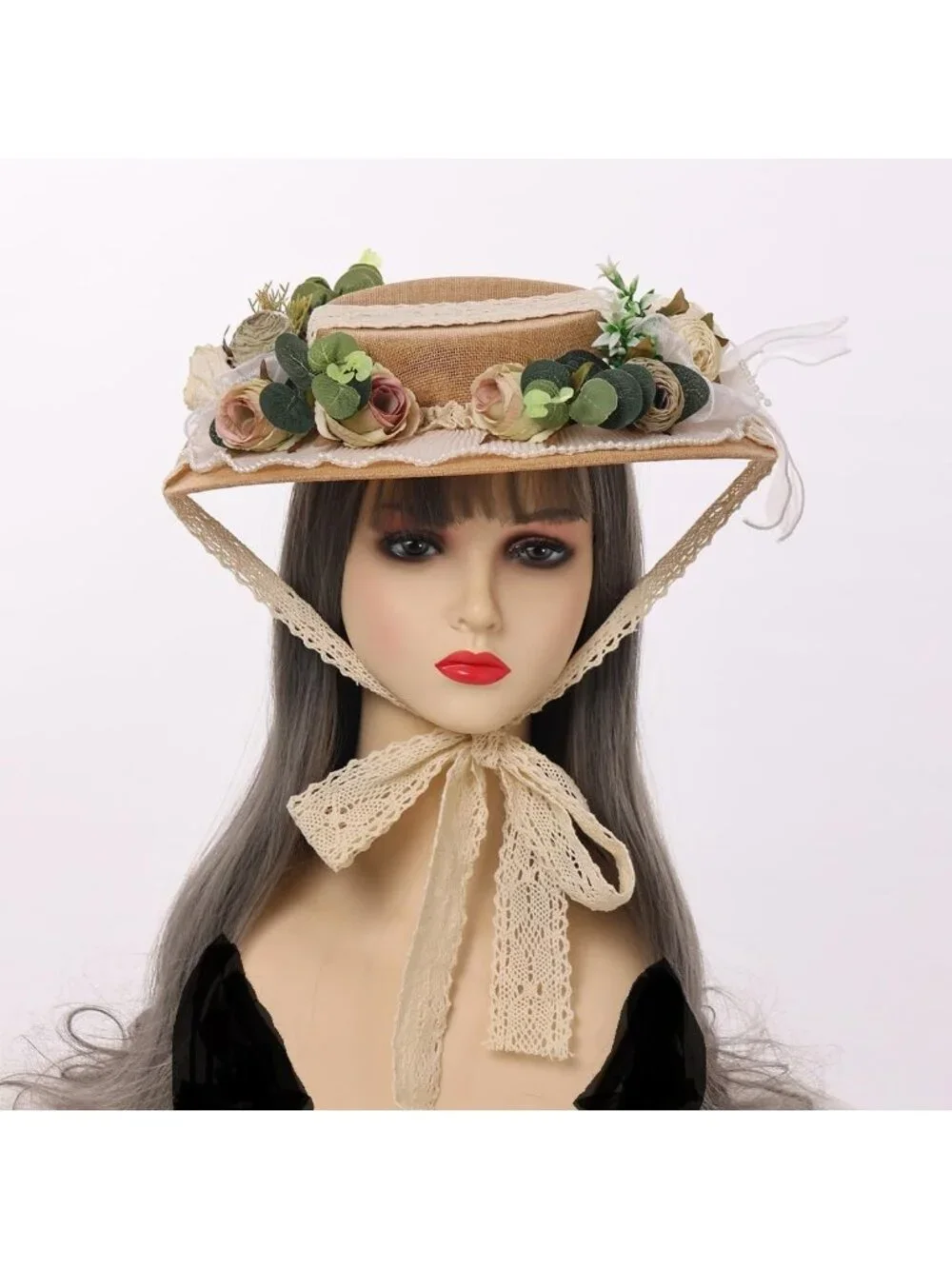 Elegant Victorian Tea Party Sun Hat with Bows & Florals - Flat Straw Style